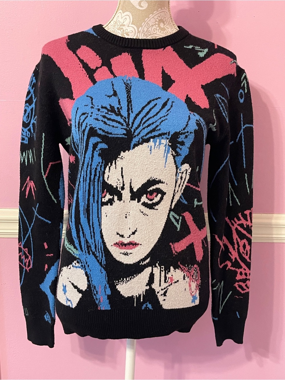 Jinx powder League Of Legends Arcane Anime knit sweater streetwear neon